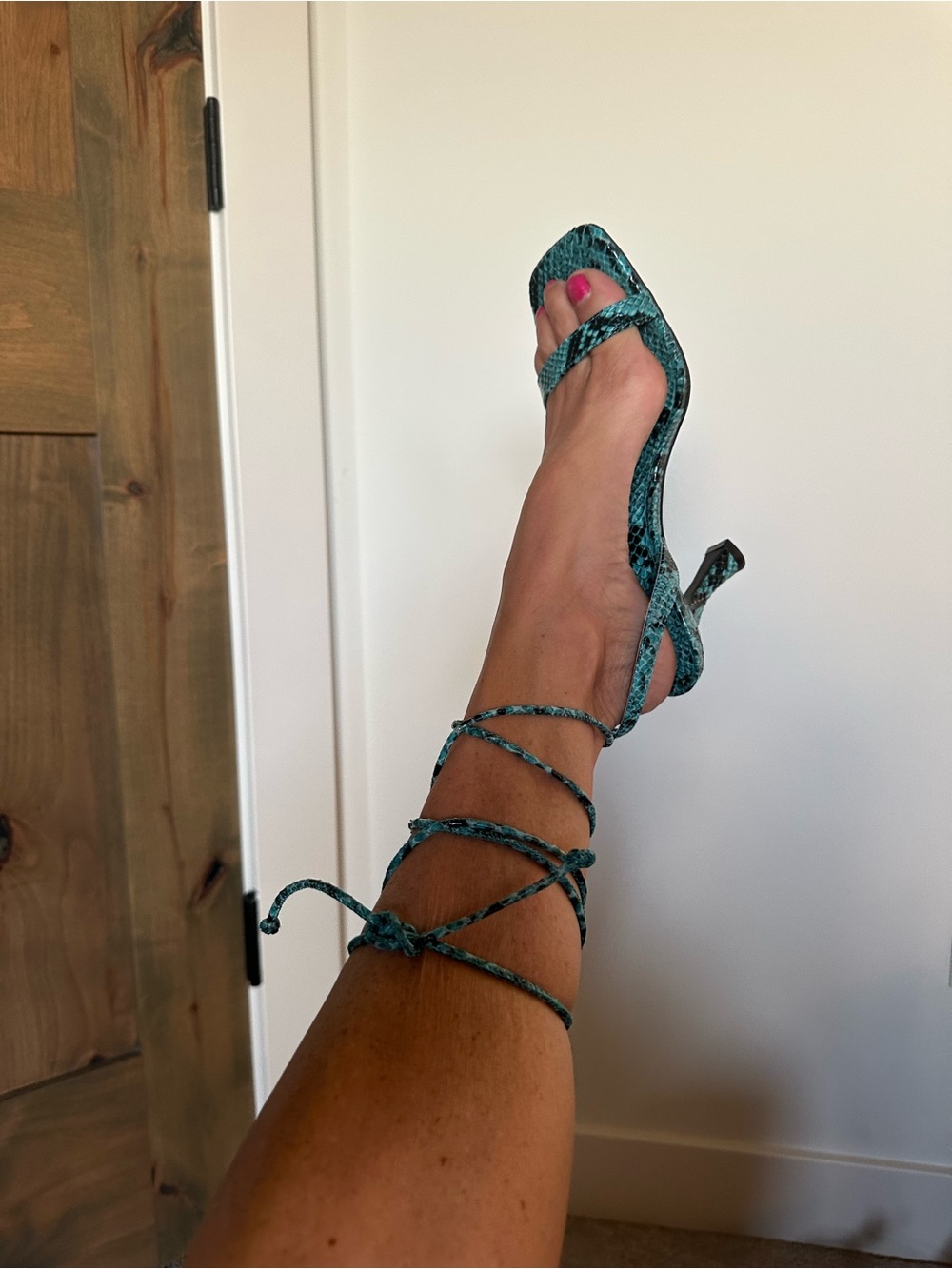 Blue Snake-Print Lace-Up Women's Heeled Sandals - Picture 3 of 8
